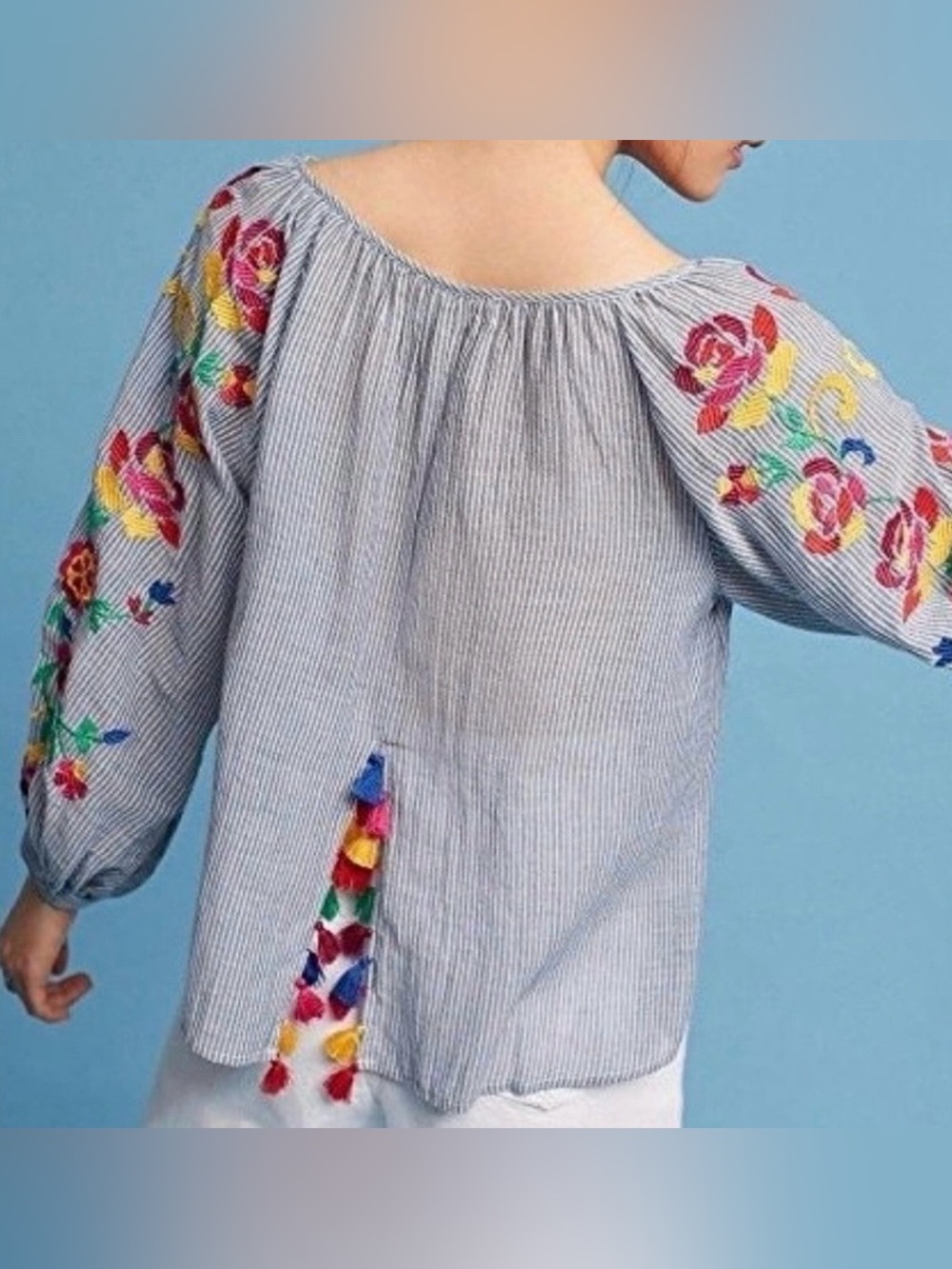 Anthropologie Floreat | Womens Blue/White Striped VNeck Embroidered Sleeve Top L - Picture 3 of 16